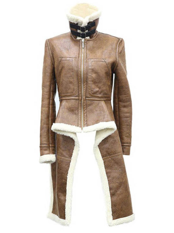 Real Leather Turtleneck Brown Women Coat