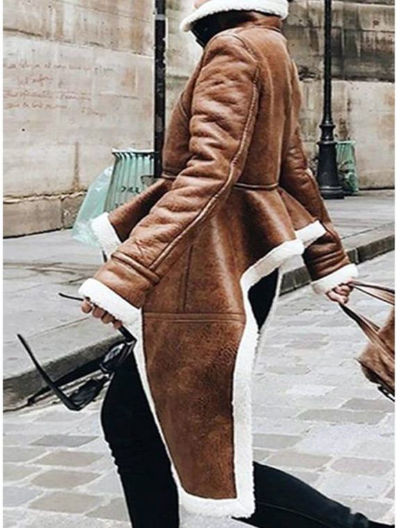 Real Leather Turtleneck Brown Women Coat Fur