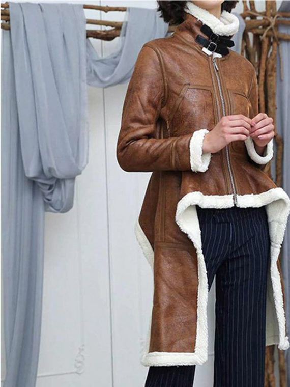 Real Leather Turtleneck Brown Women Coat With Fur