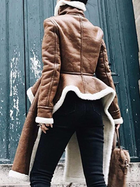 Genuine Leather Turtleneck Women Brown Coat With Fur - Image 5