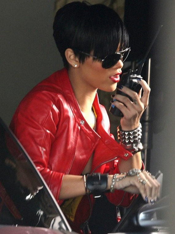 Rihanna Cropped Red Leather Jacket