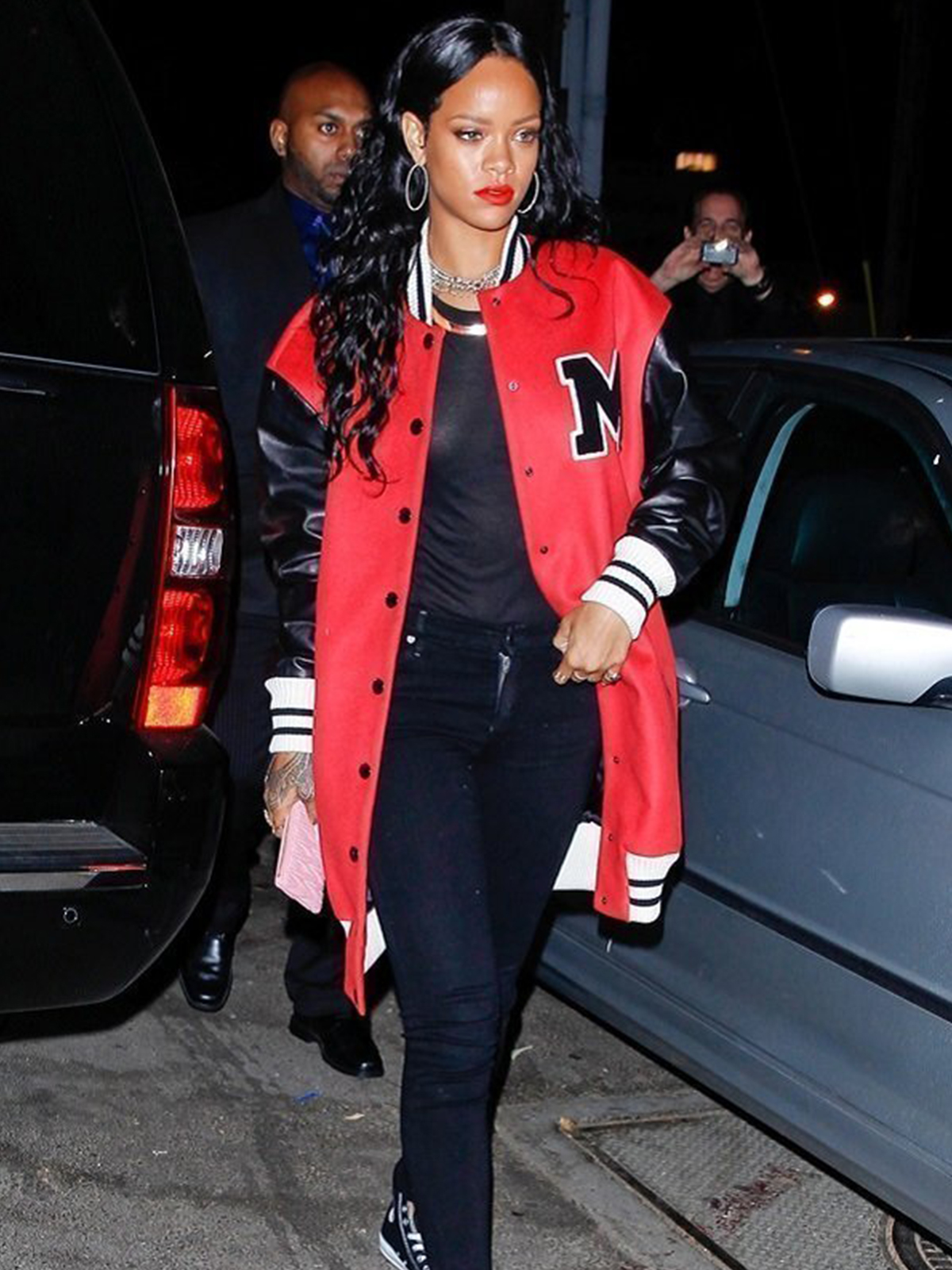 Rihanna M Logo Varsity Leather Coat