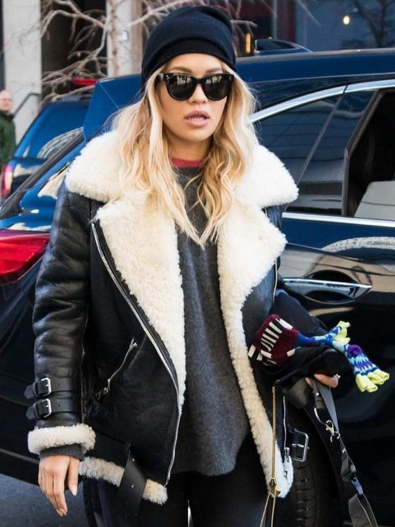 Rita Ora Moto Shearling Black Leather Jacket