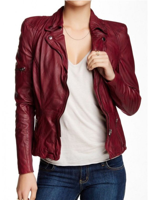 Rosie Huntington Burgundy Ladies Jacket