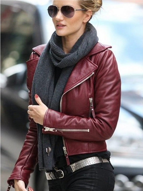 Rosie Huntington Burgundy Leather Jacket