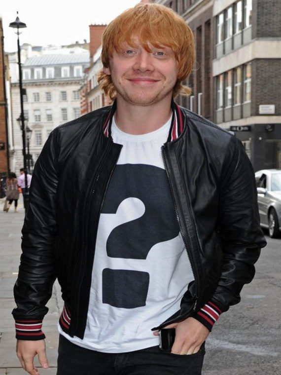 Rupert Grint Black Bomber Leather Jacket