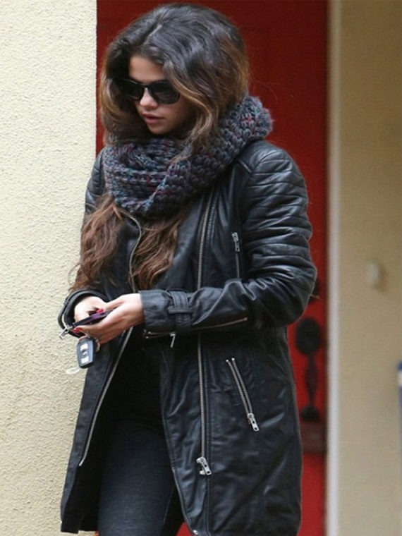 Selena Gomez Black Leather Coat