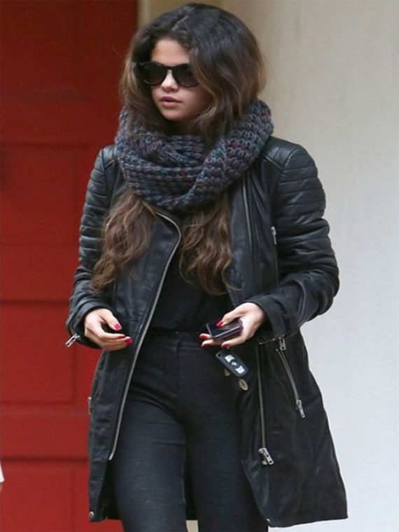 Selena Gomez Black Leather Trench Coat