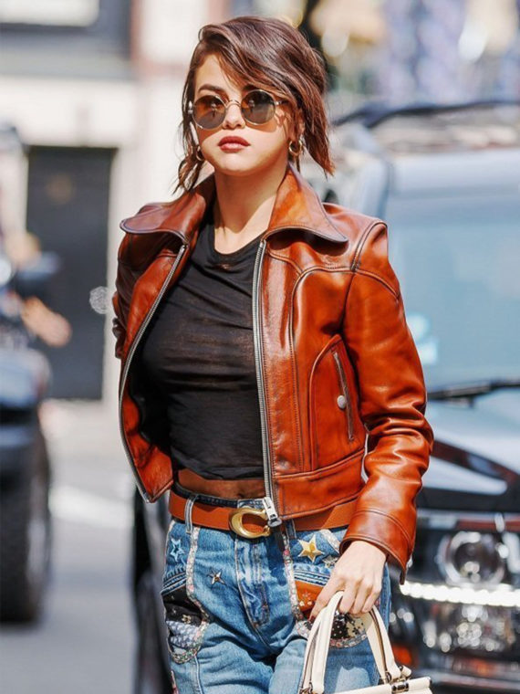 Selena Gomez Brown Leather Jacket