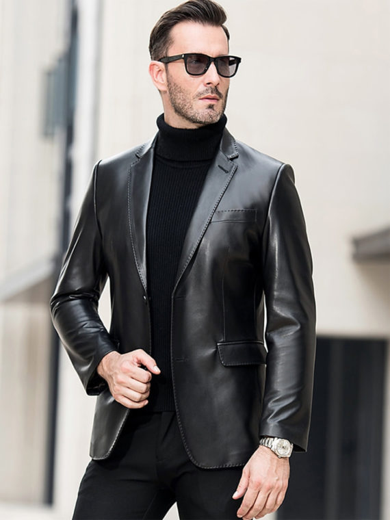 Shiny Mens Black Leather Blazer Jacket