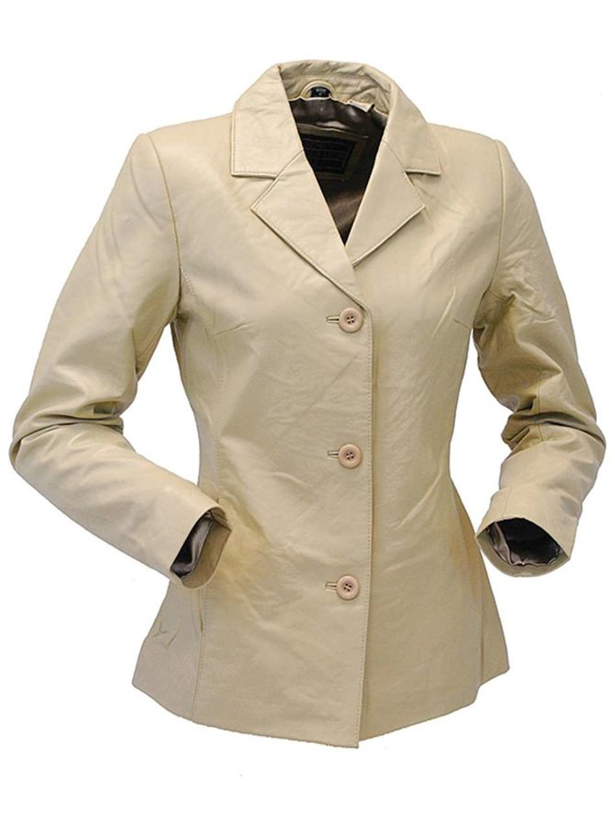 Three Button Tan Lambskin Leather Blazer For Women