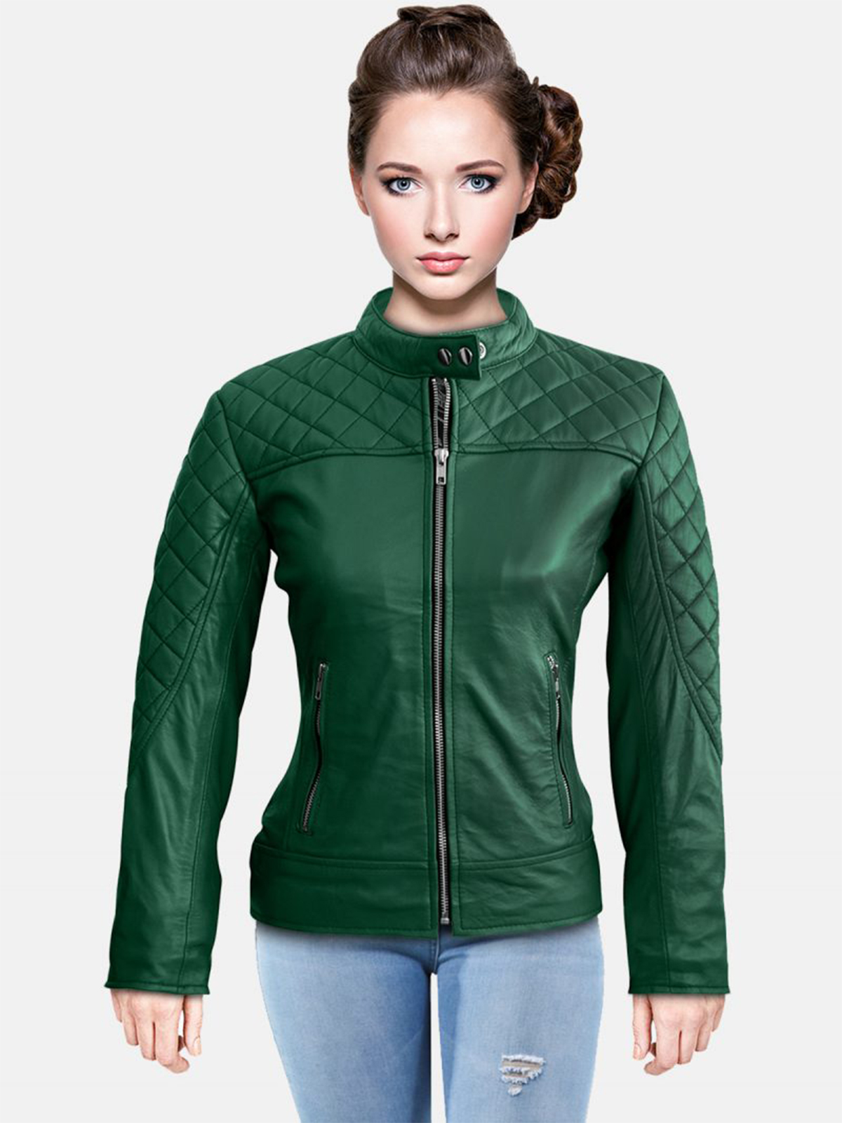 Women Green Quilted Genuine Leather Jacket