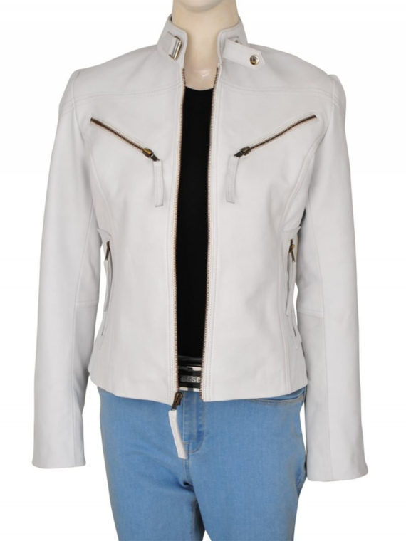 Womens Slim Fit White Moto Biker Leather Jacket