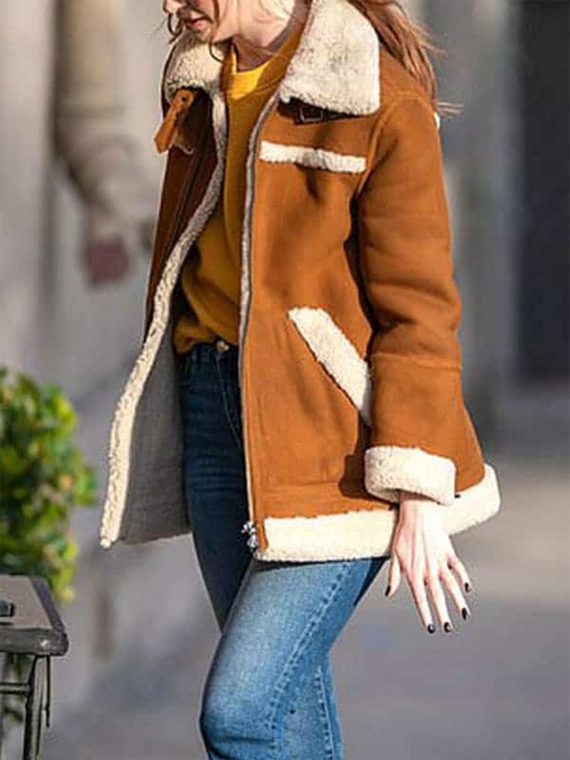 Elegant Karen Gillan Sheepskin Shearling Leather Jacket Coat - Image 4