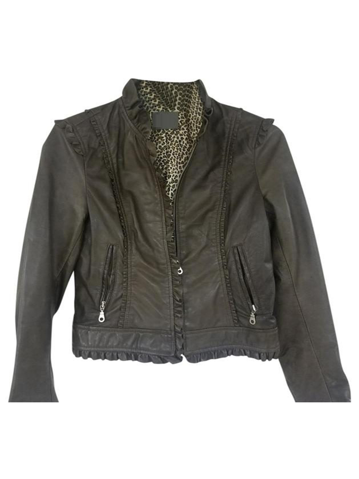 Kenna T Gray Ruffle Edge Leather Jacket