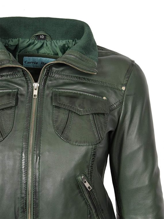 Ladies Green Bomber Leather Jacket