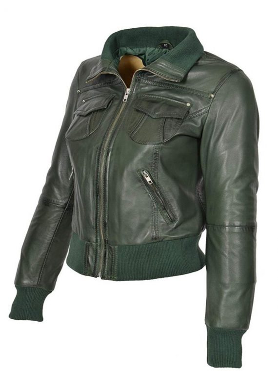 Ladies Green Bomber Real Jacket