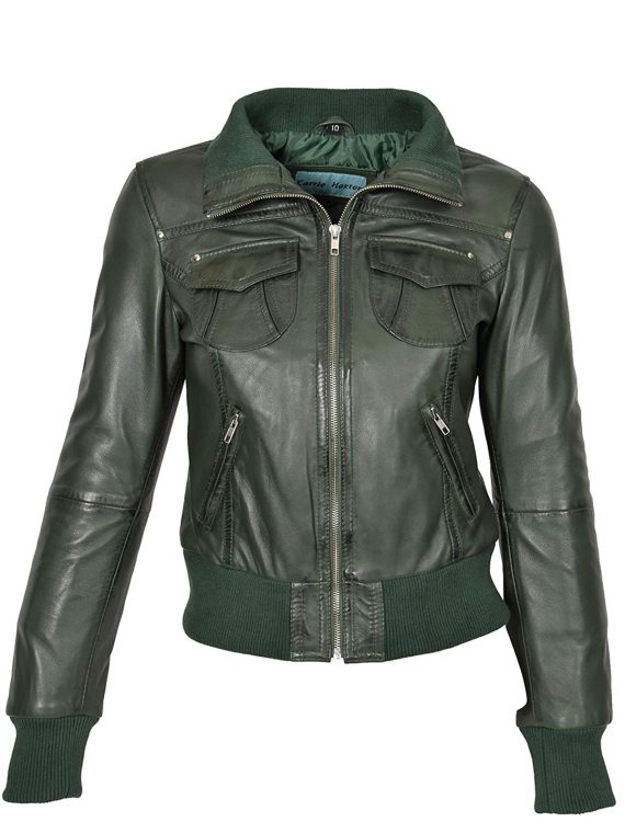 Ladies Green Bomber Real Leather Jacket