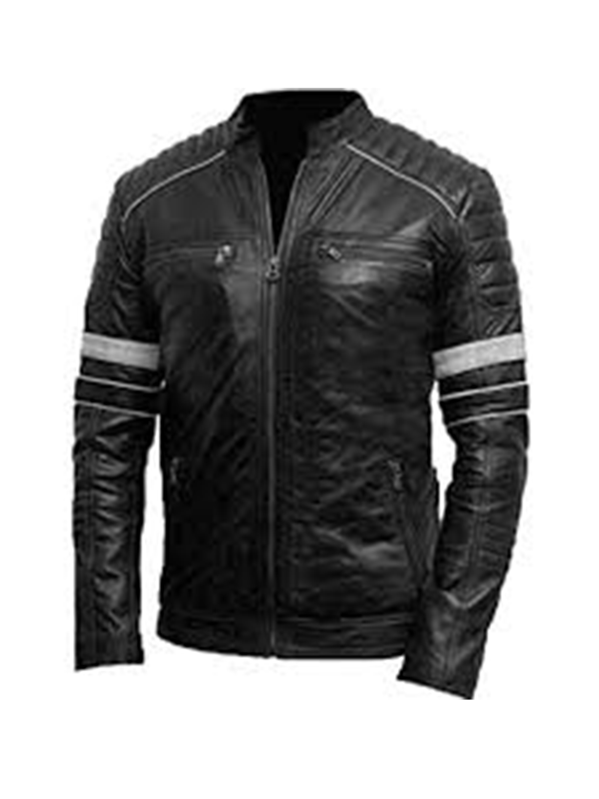 Mens Cafe Racer White Stripes Bikers Leather Jacket