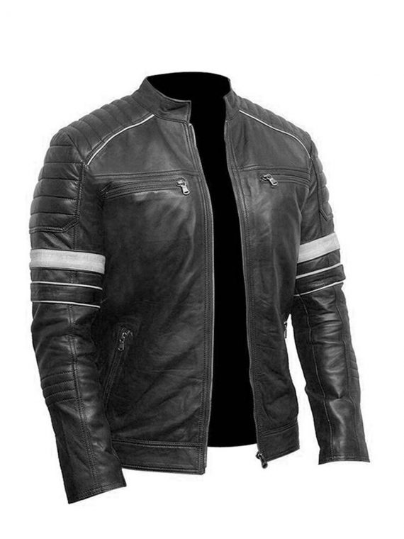 Mens Cafe Racer White Stripes Shoulder Bikers Leather Jacket