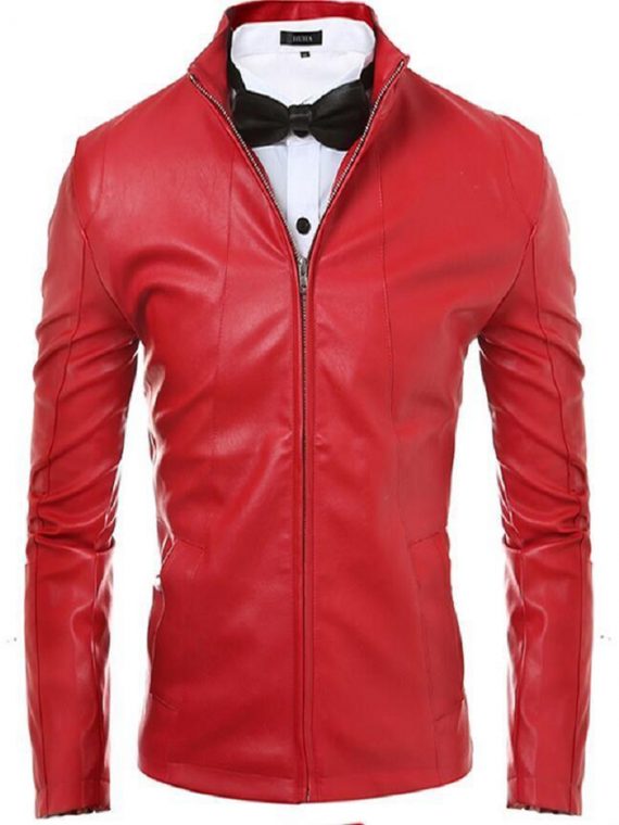 Mens Red Slim Fit Motorcycle Leather Jacket