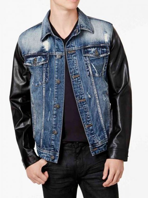 Mens Vintage Blue Denim Jacket Faux Leather Sleeves