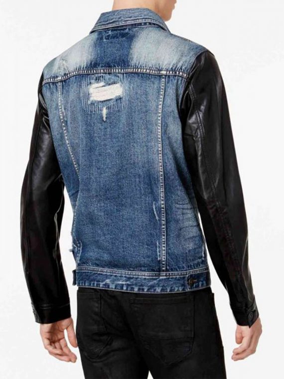 Mens Vintage Blue Denim Jacket Leather Sleeves