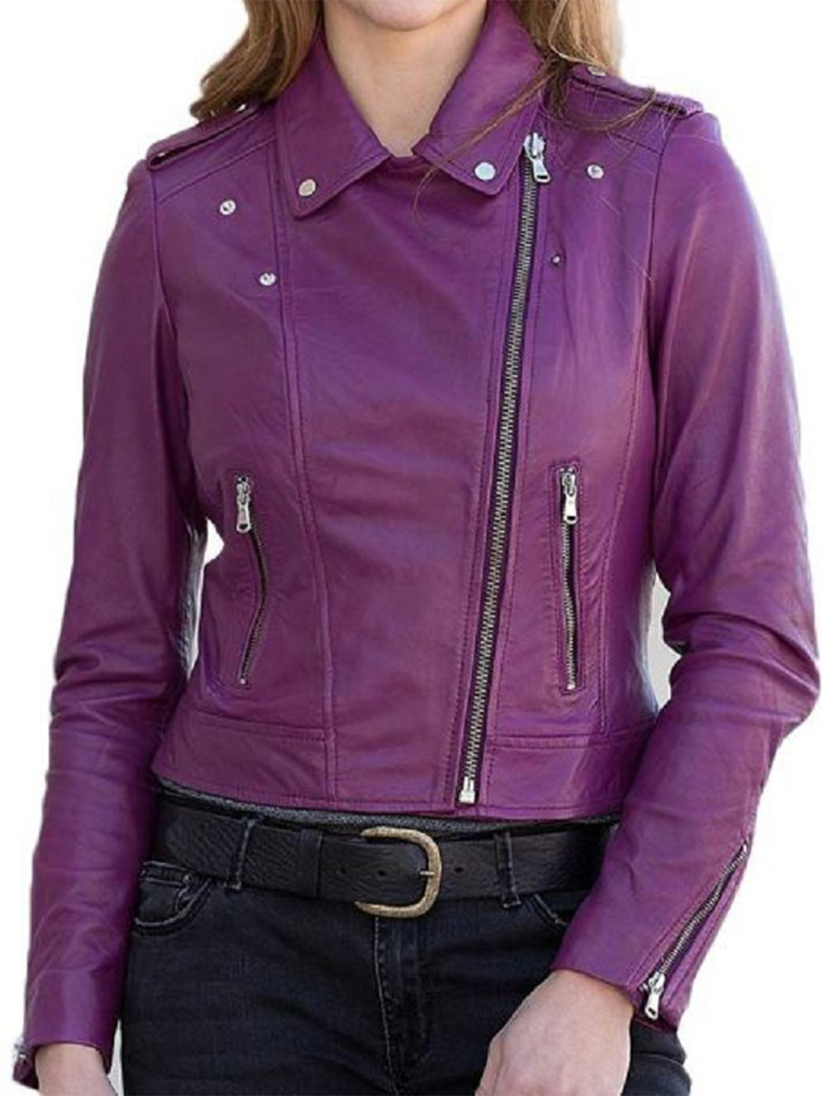 Womens Purple Classic Leather Jacket