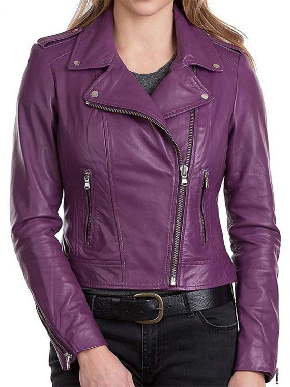 Womens Purple Classic Motorcycle Leather Jacket