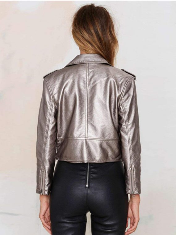 Womens Shiny Metallic Silver Faux Leather Moto Biker Jacket