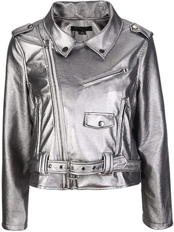 Womens Shiny Metallic Silver Leather Moto Biker Jacket