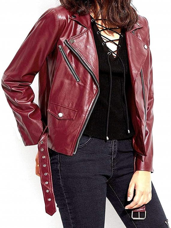 Women’s Burgundy Biker Moto Leather Jacket