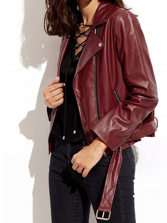 Women’s Burgundy Moto Leather Jacket