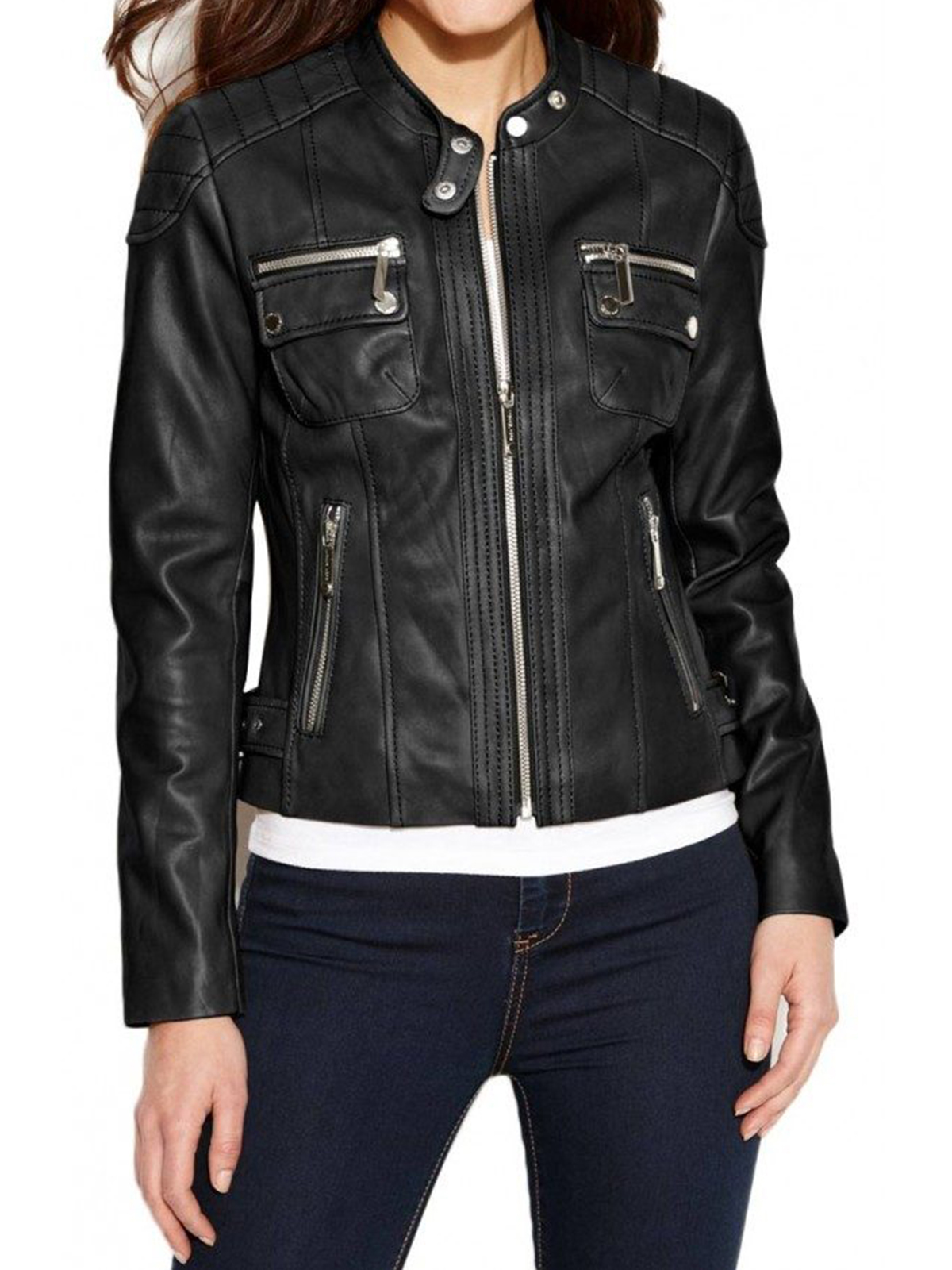 Women’s Petite Quilted Biker Black Leather Jacket