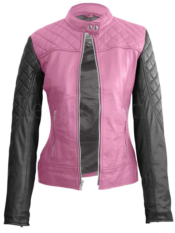 Women’s Pink With Black Sleeves Shoulder Genuine Leather Jacket