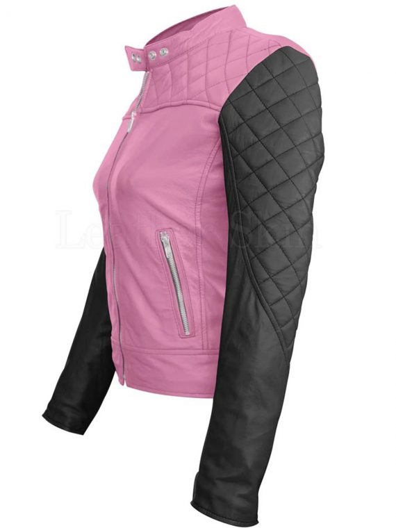 Women’s Pink aWith Black Sleeves Shoulder Quilted Genuine Leather Jacket