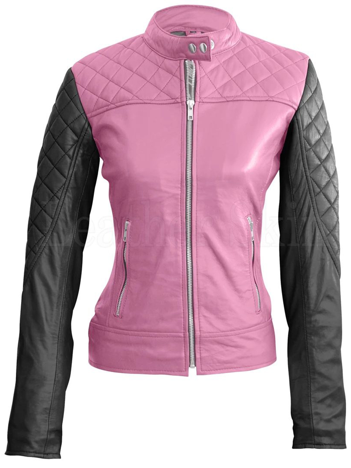 Women’s Pink With Black Sleeves Shoulder Quilted Leather Jacket