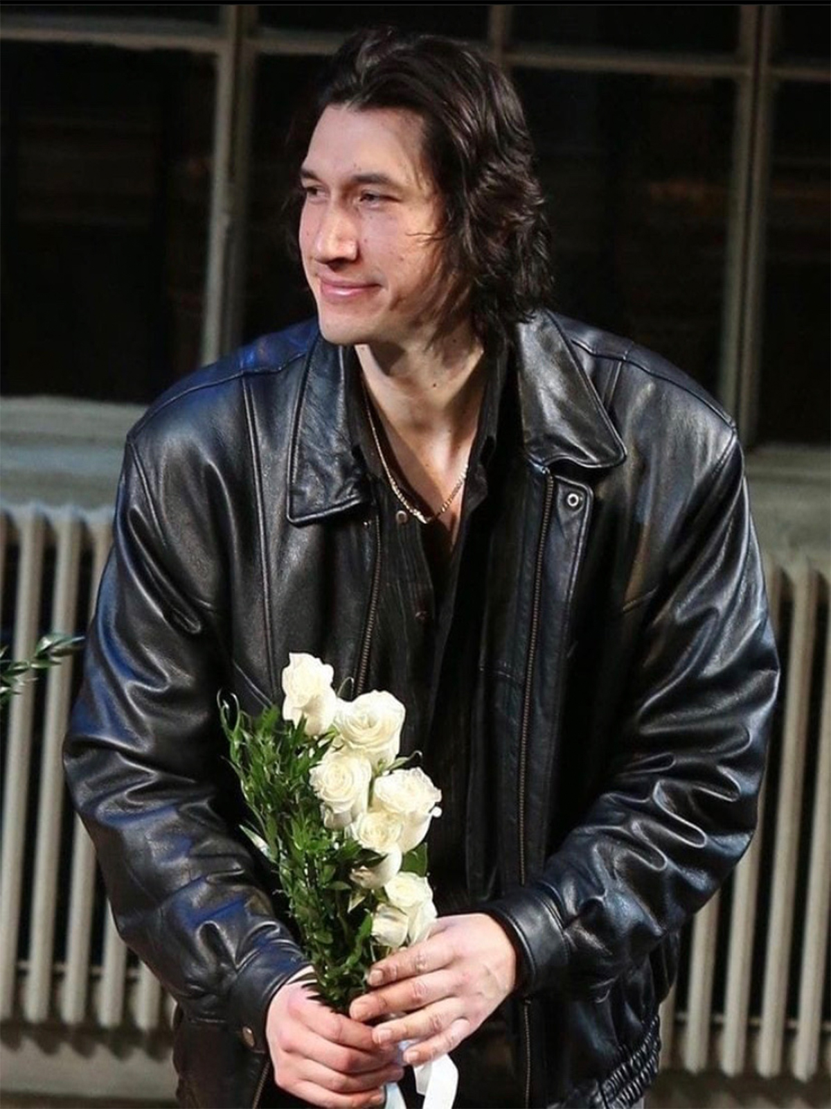 Adam Driver Casual Mens Black Leather Bomber Jacket