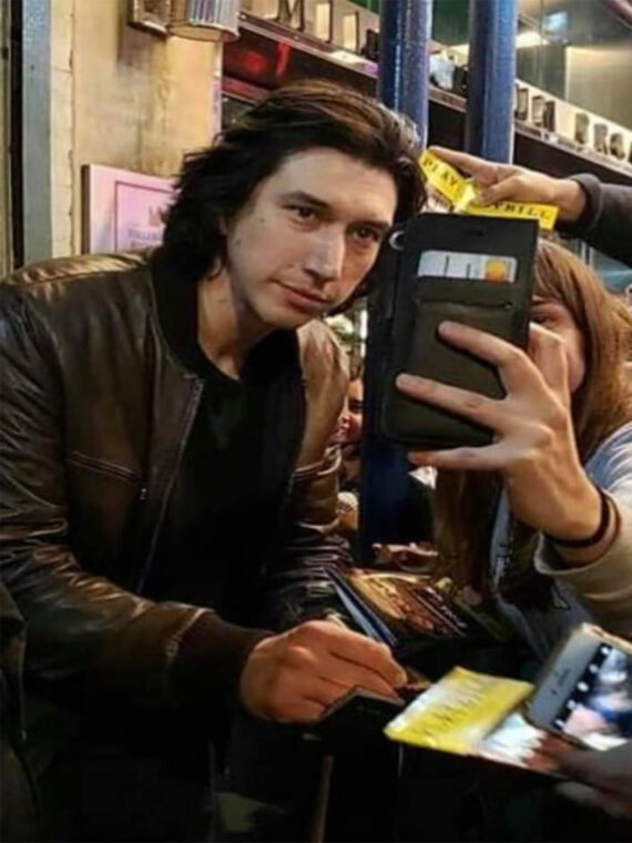 Adam Driver Mens Brown Leather Bomber Jacket