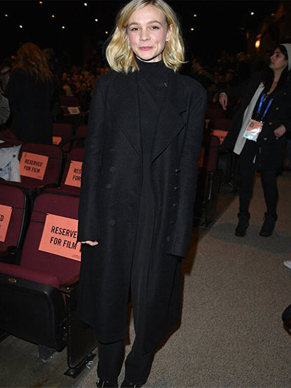 Carey Mulligan Long Black Wool Rain Coat - Image 2