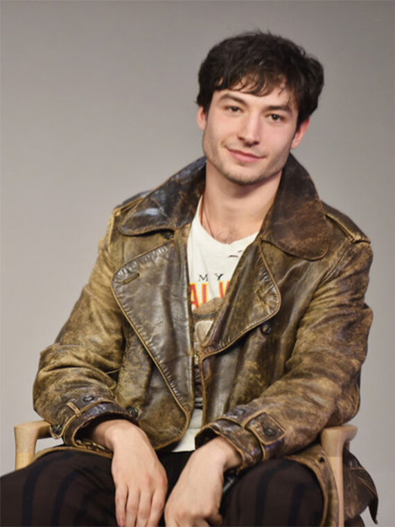 Ezra Miller Distressed Leather Coat