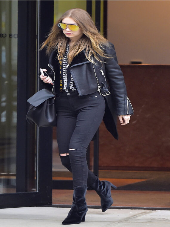 Gigi Hadid Black Biker Jacket With Fur Collar