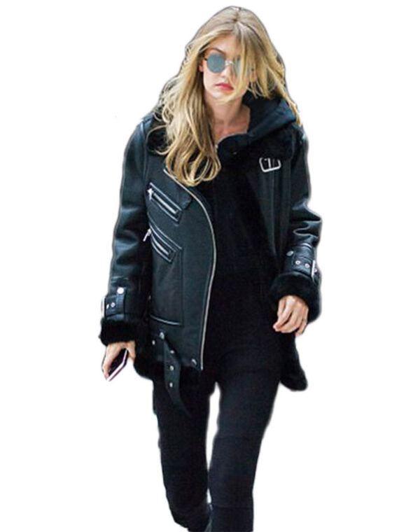 Gigi Hadid Black Leather Shearling Lining Jacket