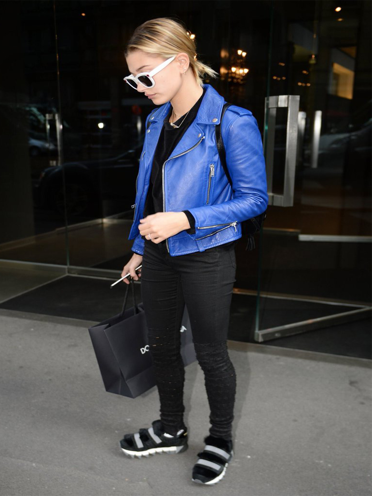 Hailey Baldwin Blue Leather Slim Fit Jacket For Women