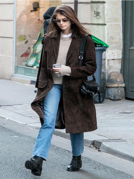 Kaia Gerber Brown Suede Breasted Winter Coat For Women