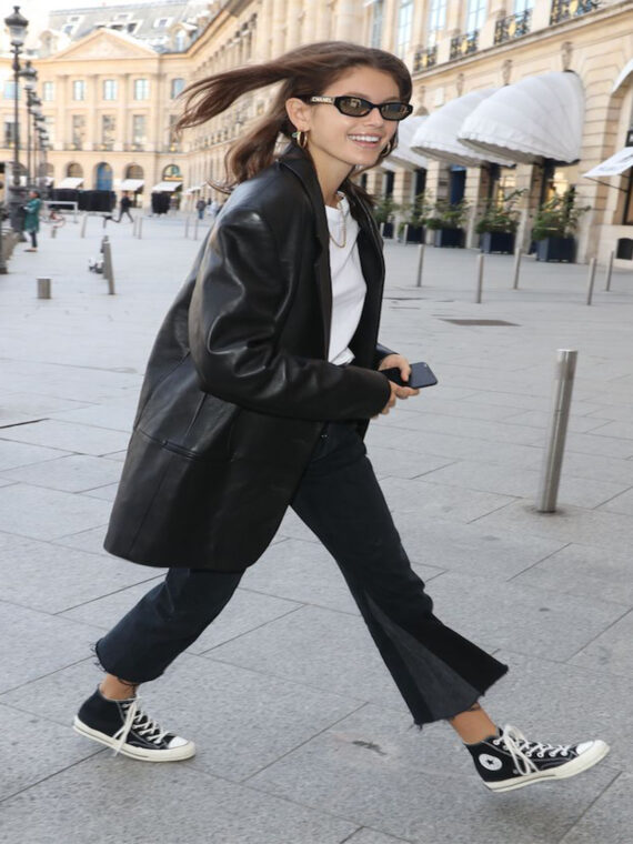 Kaia Gerber Casual Black Real Leather Mini Blazer Coat