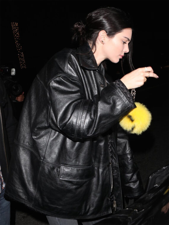 Kendall Jenner Black Plus Size Leather Winter Coat For Women