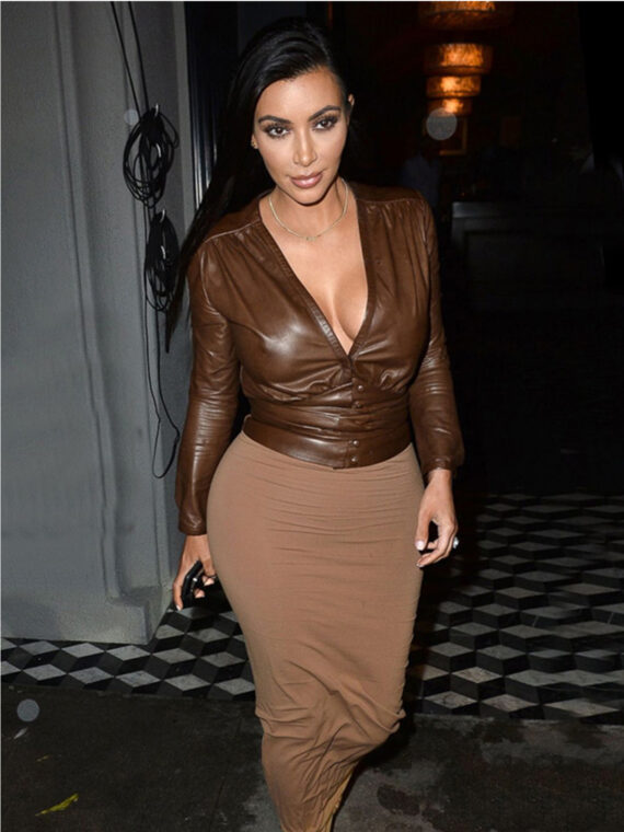 Kim Kardashian Modish Brown Leather Shirt - Image 2