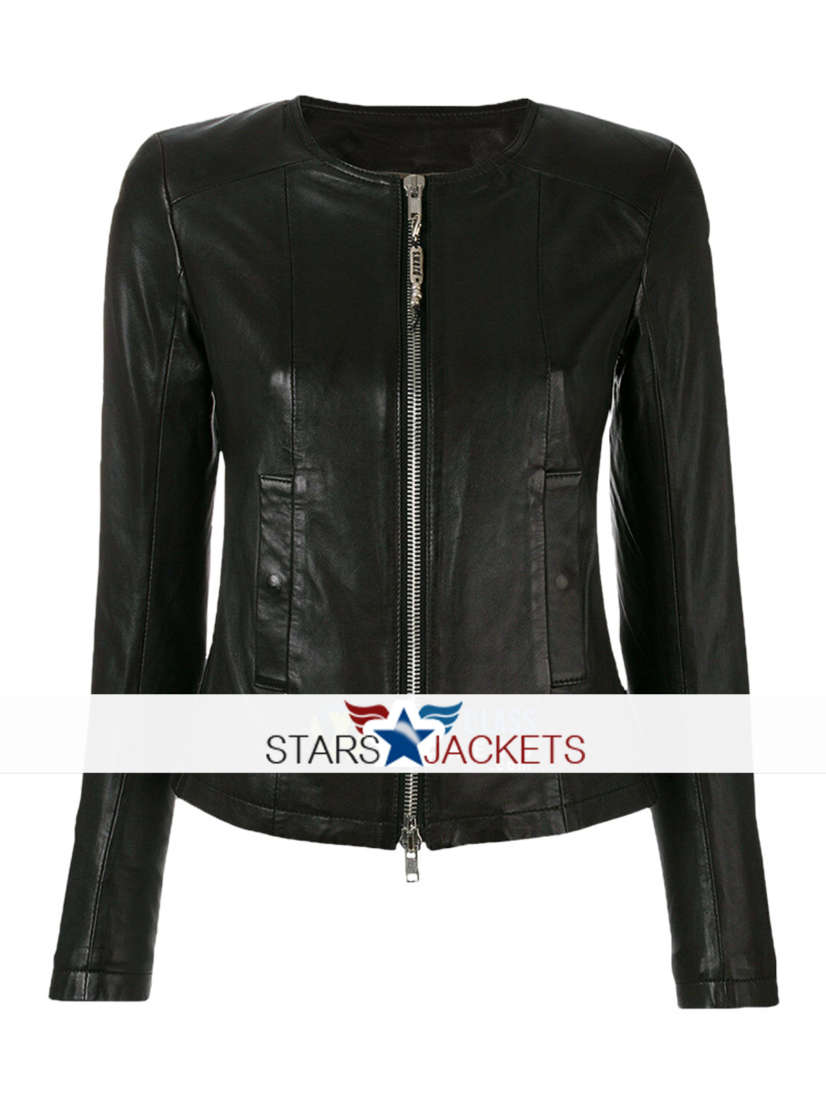 Ladies Casual Slim Fit Black Collarless Leather Biker Jacket