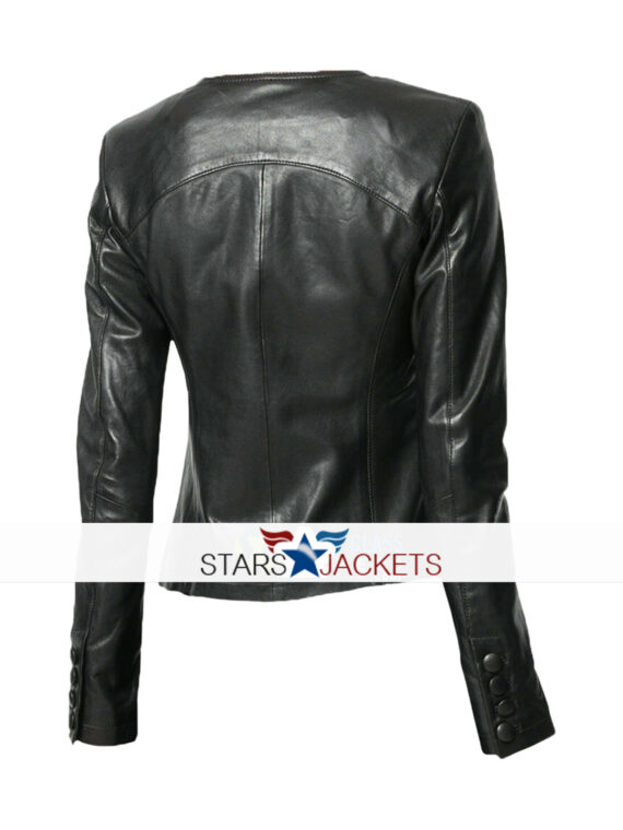 Ladies Casual Slim Fit Black Collarless Real Biker Jacket